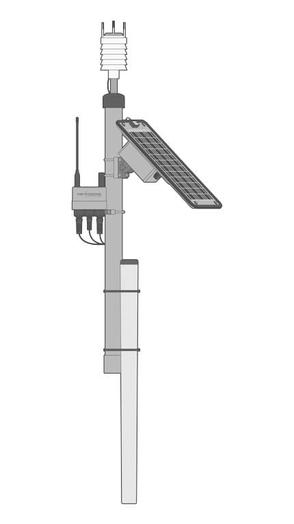 A pole-mounted real-time soil moisture measurement system equipped with a multiparameter weather station, solar panel, NexSens X3 data logger, and a soil moisture probe inside a deployment pipe.