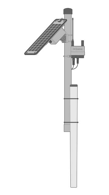 A pole-mounted real-time soil moisture measurement system equipped with a solar panel, NexSens X3 data logger, and a soil moisture probe inside a deployment pipe.
