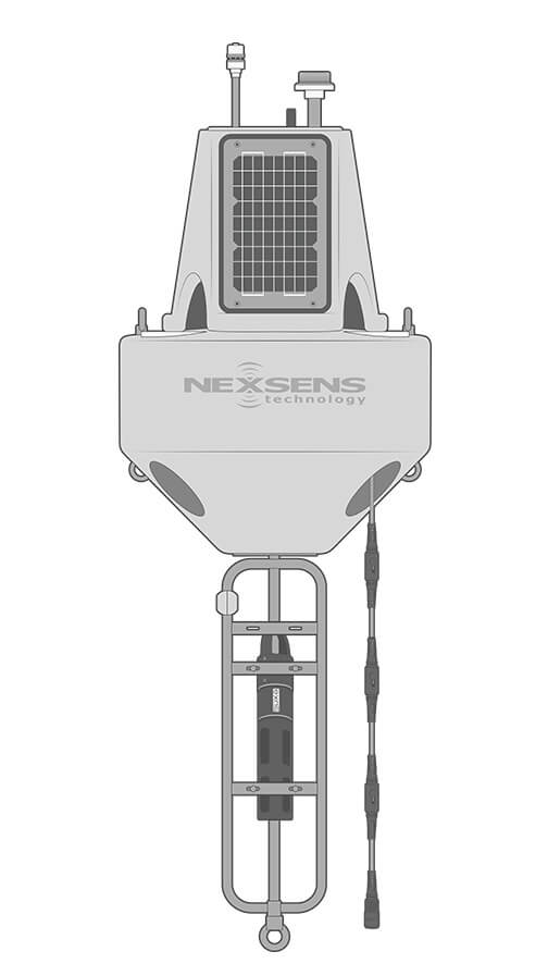 A NexSens XB-200 data buoy equipped with a marine light, multiparameter weather station, wave sensor (not visible, located in the buoy hull), an X3 data logger (not visible, located in the solar tower), a T-Node thermistor string, and a multiparameter water quality sonde.
