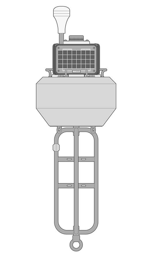 A NexSens CB-75-SVS wave buoy equipped with a wave sensor, NexSens data logger, GPS receiver, marine light, and a sacrificial zinc anode on the buoy cage.